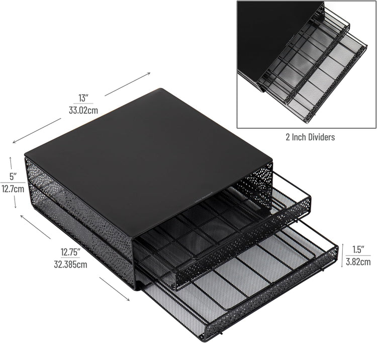 Mind Reader Single Serve Coffee Pod Organizer with 2 Drawers, 72 Pod Capacity, Metal Mesh, 13"L x 12.75"W x 5"H, Black