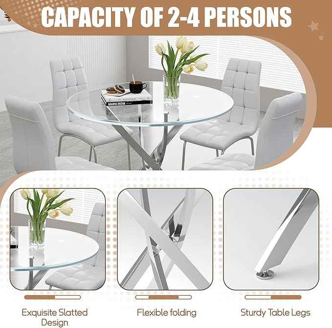 5 Piece Round Glass Dining Table Set, Round Tempered Glass Kitchen Table Set for 4, Modern Table Set with 4 High-Back Upholstered Chairs for Kitchen Dining Room (Silver Legs, 4 White Chairs)