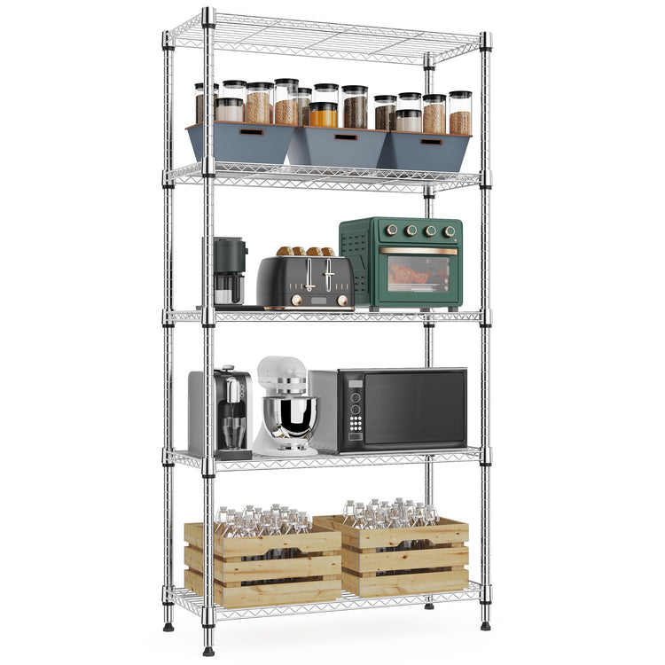 1250 lbs 5 Tier Shelf Metal Storage Shelves Wire Rack Closet Organizers with Wheel for Garage Kitchen Bathroom Laundry Chrome 13.7" D x 23.6" W x 62.4" H (5 Count)