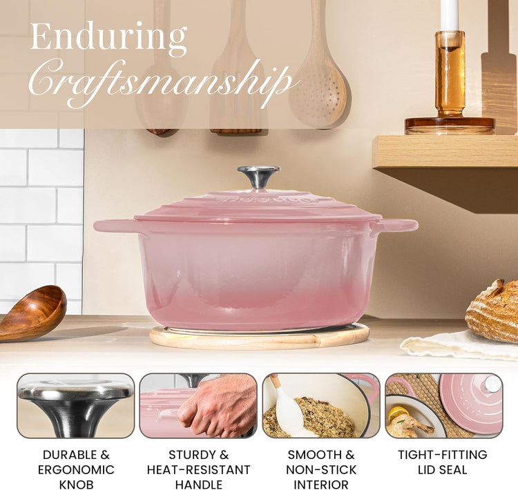 Nuovva Enamelled Cast Iron Dutch Oven Pot with Lid 6.4 Quart Non Stick Casserole Pot – Heavy Duty & Oven Safe up to 500° F for Bread Baking, Braising, Stews, Roasting – 28cm Pink - Nestoria