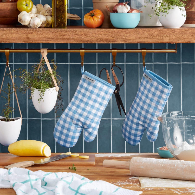 KitchenAid Gingham Oven Mitt 2-Pack Set, Blue Velvet, 7"x13"