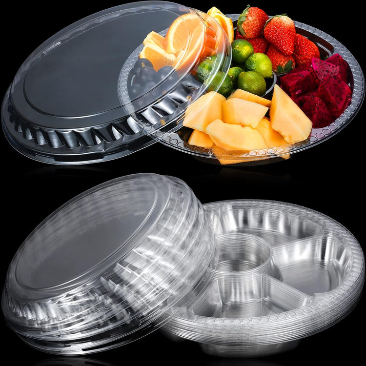 12 Pack Round Plastic Veggie Tray with Lid Fruit Tray 6 Divided Compartment Container Food Serving Dip Platter Reusable Catering Trays for Veggie Fruit Snack Party and Buffet Trays(Clear,12inch)