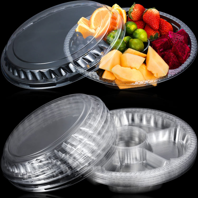 12 Pack Round Plastic Veggie Tray with Lid Fruit Tray 6 Divided Compartment Container Food Serving Dip Platter Reusable Catering Trays for Veggie Fruit Snack Party and Buffet Trays(Clear (12 Count)