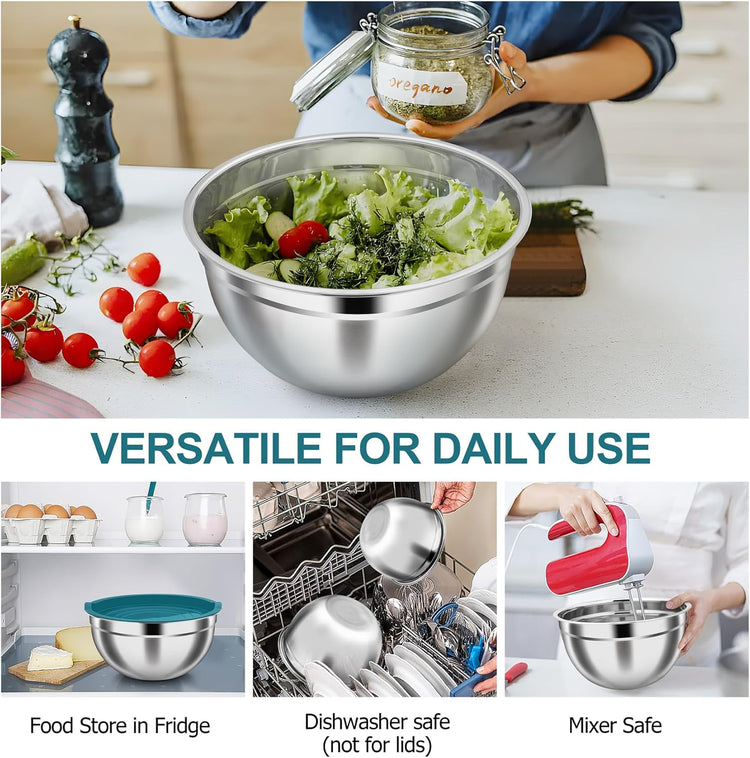 TeamFar Mixing Bowls, Stainless Steel Nesting Salad Bowls with Airtight Lids Set, For Serving/Mixing/Storing, Healthy & Heavy-duty, Dishwasher Safe & Easy Clean, 4.6/3 / 1.5 QT, Navy Blue
