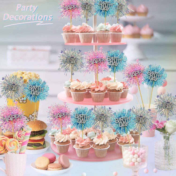 LOLStar 12 Pcs Happy Birthday Cake Toppers, Foil Firework Cupcake Toppers Blue Pink Sparkle Tinsel Drink Stirrers Cake Party Decoration, Cocktail Food Fruit Toothpick for Holiday Photo Booth Props