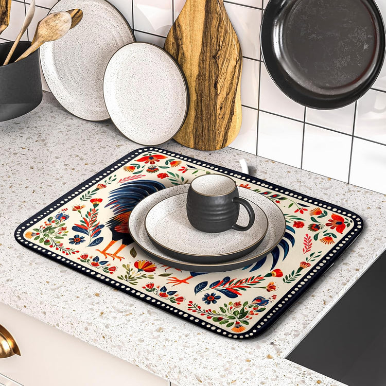 Roosters Chicken Dish Drying Mat for Kitchen Counter Absorbent Microfiber Drying Pad 16 x18 In