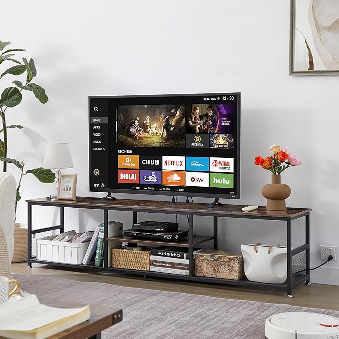 VECELO TV Stand with Power Outlets for Televisions up to 75Inch, 62" Media Entertainment Center with Charging Station 3-Tier Open Storage Shelves with Metal Frame for Living Room/Bedroom,Brown
