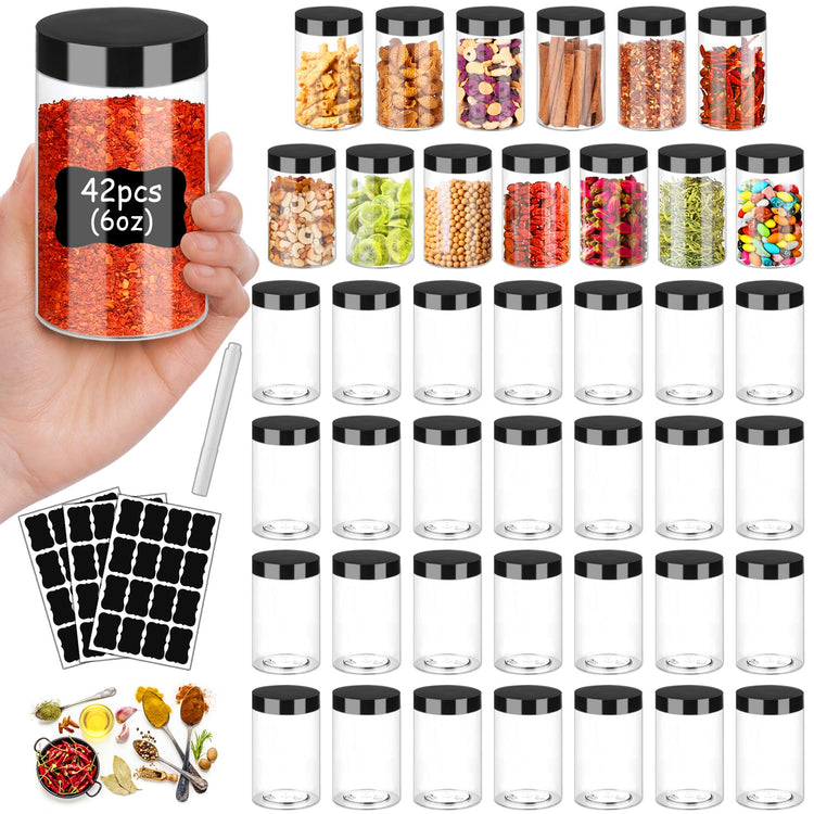 Plastic Jars with Lids 6OZ 42PCS Small Empty Slime Cosmetics Containers Clear Gift Food Jars Round PET Cream Jars with Black Lids Pen Labels for Kitchen Storage Spices Dry Food Body Butter (42 Count)