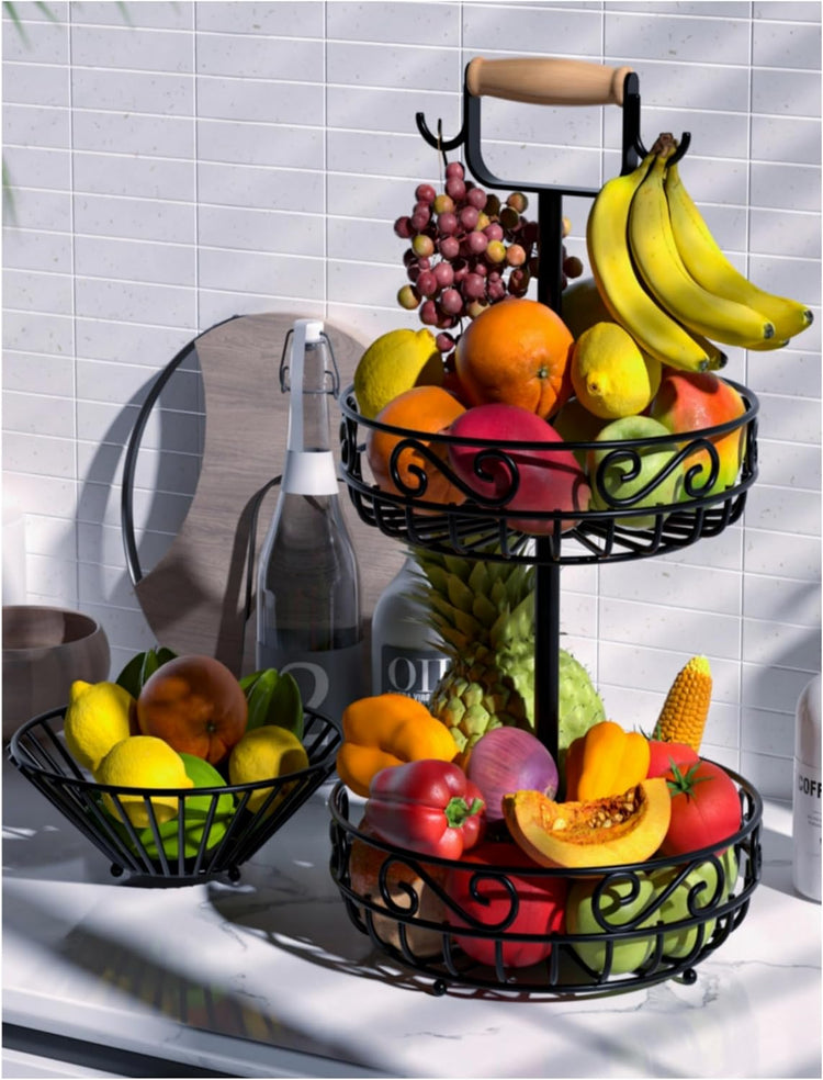 2-Tier ๐
๐ซ๐ฎ๐ข๐ญ ๐๐๐ฌ๐ค๐๐ญ and Fruit Bowl - Fruit and Vegetable Storage with Banana Tree Hanger and Wood Handle, Fruit Basket for Kitchen Counter, for Bread Onions Potatoes Veggies Produce