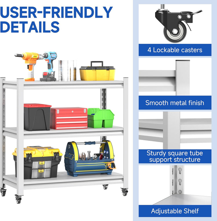 34''W Garage Heavy Duty 3-Tier Adjustable Storage Rack, Steel Shelving with Wheels,Pantry,Kitchen, Office, Closet and Garage Shelves, Easy to Assemble- White