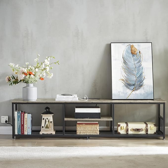 VECELO TV Stand with Power Outlets for Televisions up to 80Inch, 70" Media Entertainment Center with Charging Station 3-Tier Open Storage Shelves with Metal Frame for Living Room/Bedroom,Grey