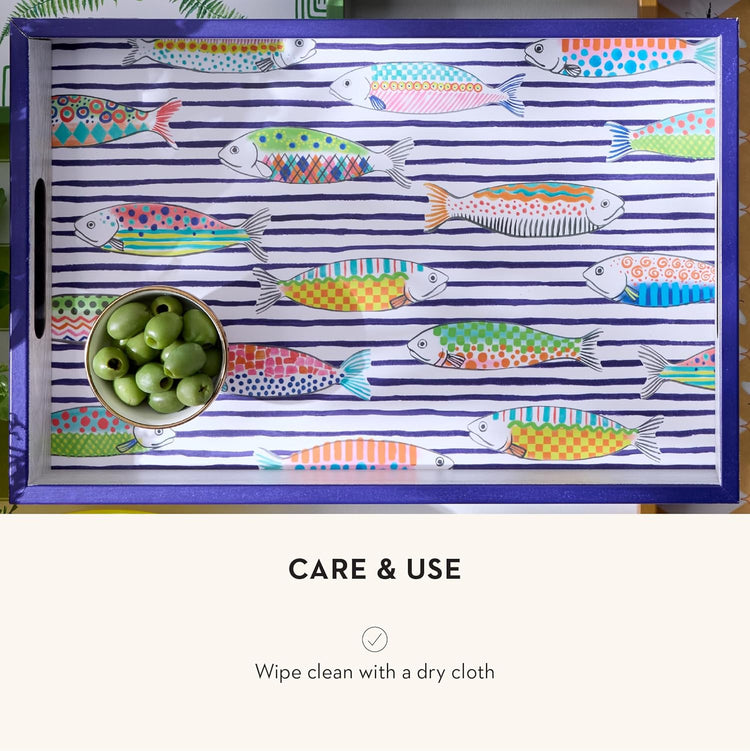 MACKENZIE-CHILDS Wooden Tray with Handles, Rectangular Tray for Serving, Go Fish