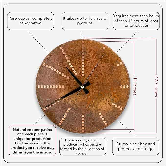 Handmade Pure Copper Wall Clock for Home Decoration, Decor Clock for Living Room, Bedroom and Kitchen, Rustic Decorative Mural Clock Art for Farmhouse (Time Dots, 17.7)