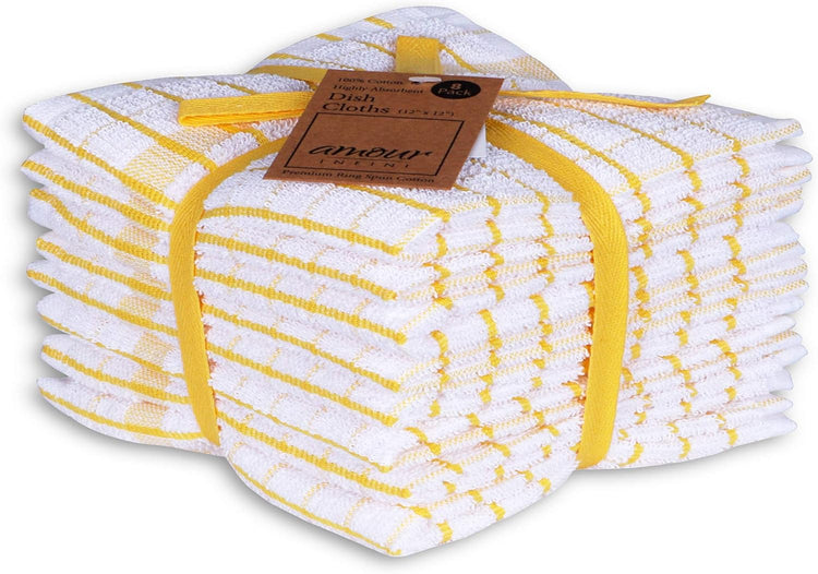 AMOUR INFINI Kitchen Dish Cloths Set of 8 - Ultra Soft, Highly Absorbent, Quick-Drying Terry Cotton Dishcloths 12"x12" Inch Wash & Cleaning Cloths for Kitchen & Dishwashing (Yellow) - Nestoria