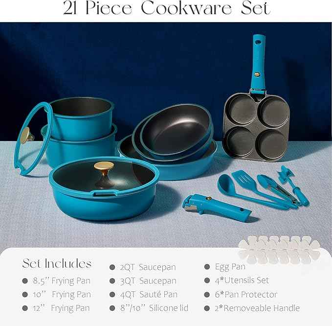 CAROTE 21pcs Pots and Pans Set, Nonstick Cookware Set Detachable Handle, Induction Kitchen Cookware Sets Non Stick with Removable Handle, RV Cookware Set, Peacock Blue
