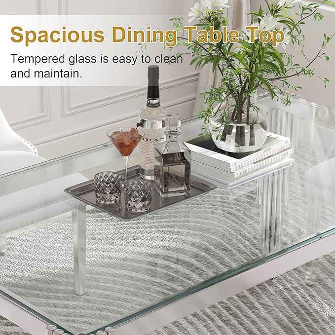 63'' Modern Glass Dining Table for 4-6 People,Tempered Glass Top Dining Room Table with Stainless Steel Base, Glass and Silver Dining Table for 6, Rectangle Dining Kitchen Table for Dinner