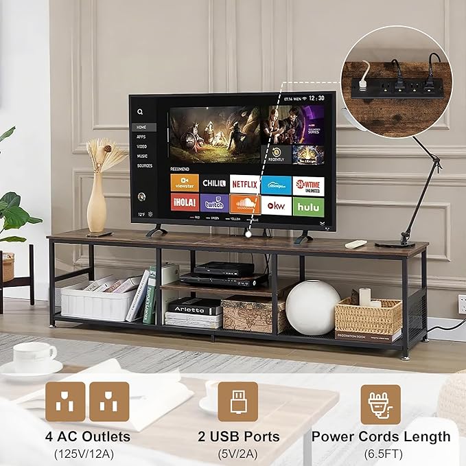 VECELO TV Stand with Power Outlets for Televisions up to 75Inch, 62" Media Entertainment Center with Charging Station 3-Tier Open Storage Shelves with Metal Frame for Living Room/Bedroom,Brown