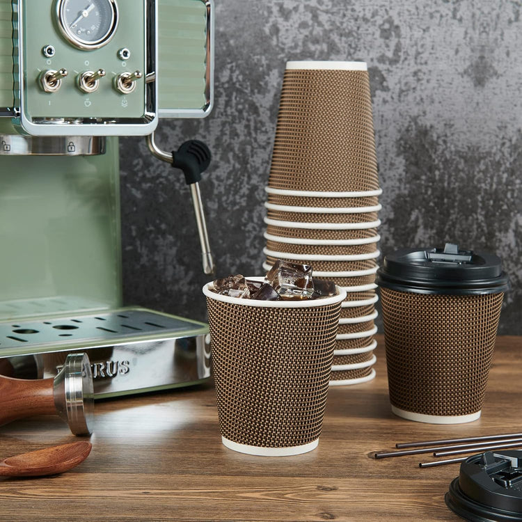 LITOPAK 80 Pack 10 oz Paper Coffee Cups, Insulated Ripple Wall Hot Coffee Cups with Lid and Straws, Brown Three Layer Insulated Hot Beverage Cups for Parties, Picnic, and Travel