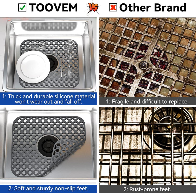 Kitchen Sink Mats, TOOVEM 2PCS Non-Slip Heat Resistant Silicone Sink Protector Mat for Bottom of Stainless Steel Porcelain Sink, Folding Farmhouse Rear Drain Sink Mats, Center Drain