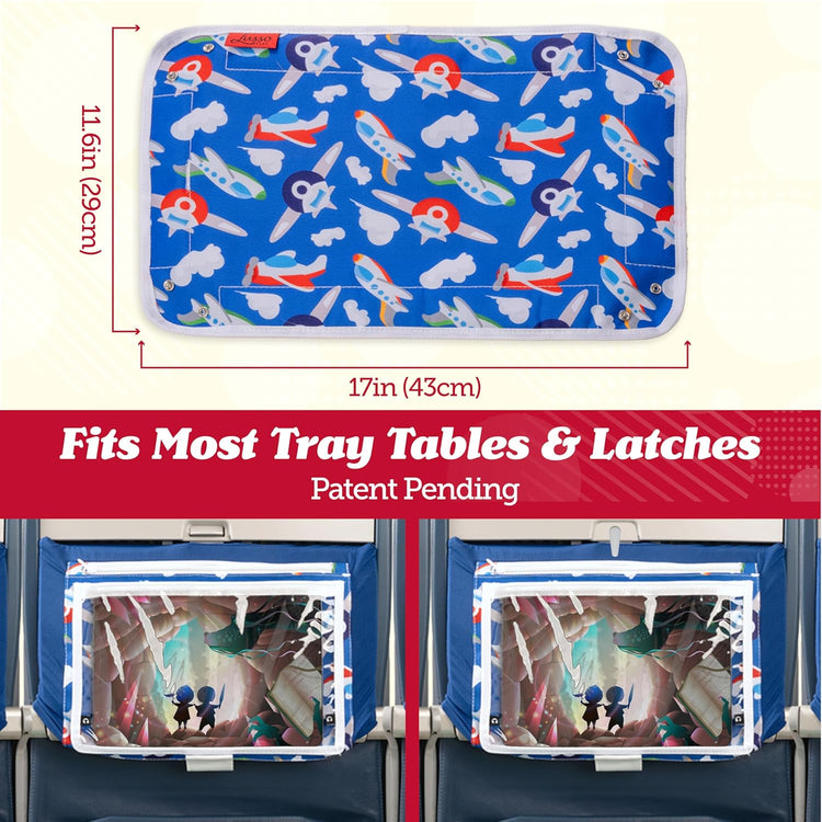 Lusso Gear Airplane Tray Table Cover with Pockets for Toddlers & Kids - Airplanes Pattern - Foldable & Rollable Lap Desk with Carabiner Clip - Toddler Travel Essentials & Plane Activities
