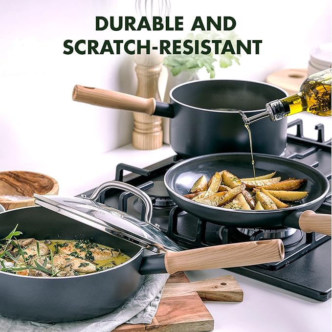 GreenPan Hudson Healthy Ceramic Nonstick, 8 Piece Cookware Pots and Pans Set, Vintage Wood Inspired Handle, PFAS-Free, Dishwasher Safe, Black