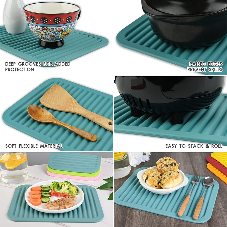 Silicone Trivets for Hot Pots and Hot Pans, Silicone Pads Mat Set, Heat Resistant Placements, Small Dish Drying Mat, Grey Rectangular Trivets Set of 2