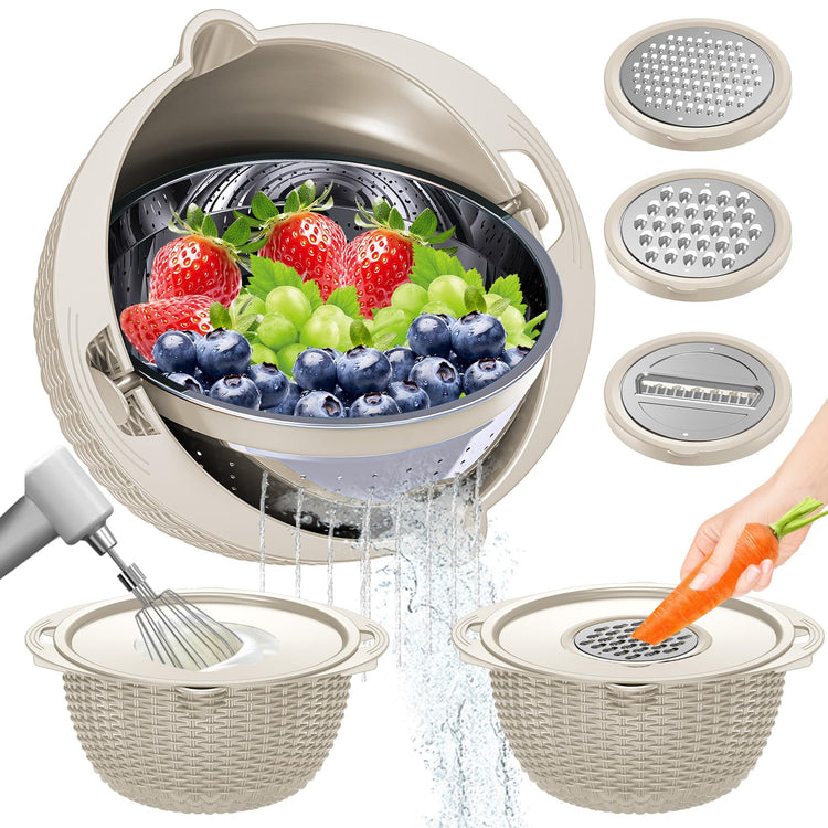 4-in-1 Colander with Bowl Set — Patented 360° Rotatable Strainer Bowl with 3 Graters, Snap-On Lid & Non-Slip Base, Funny Kitchen Present for Women, Aesthetic Pasta Fruit Vegetable Strainer (Beige)
