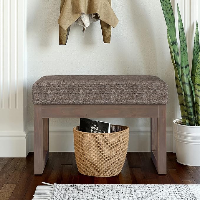 SIMPLIHOME Milltown Small Ottoman Bench - 27 inch Wide Upholstered Tweed Look Fabric Rectangle Footstool Ottoman in Mink Brown, Contemporary Bench for Bedroom with Cushioned Seat, Assembled