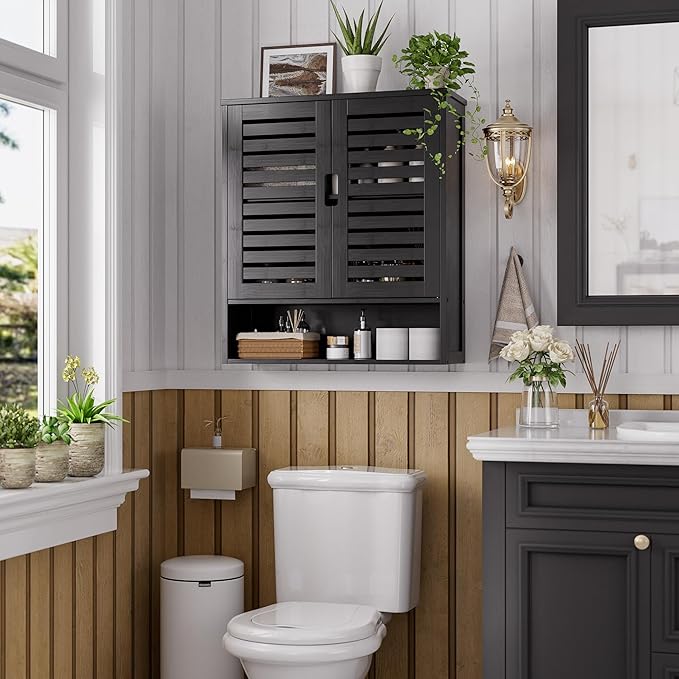SMIBUY Bathroom Cabinet Wall Mounted, Bamboo Over-The-Toilet Storage Organizer, Space Saver Medicine Cabinet with 2 Door and Adjustable Shelves (Black)
