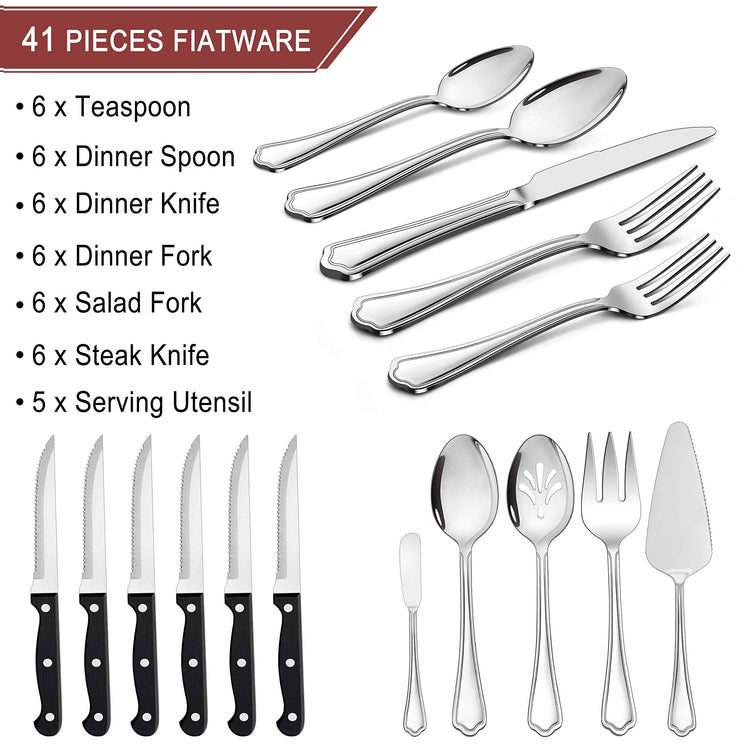 41 Piece Silverware Flatware Set for 6