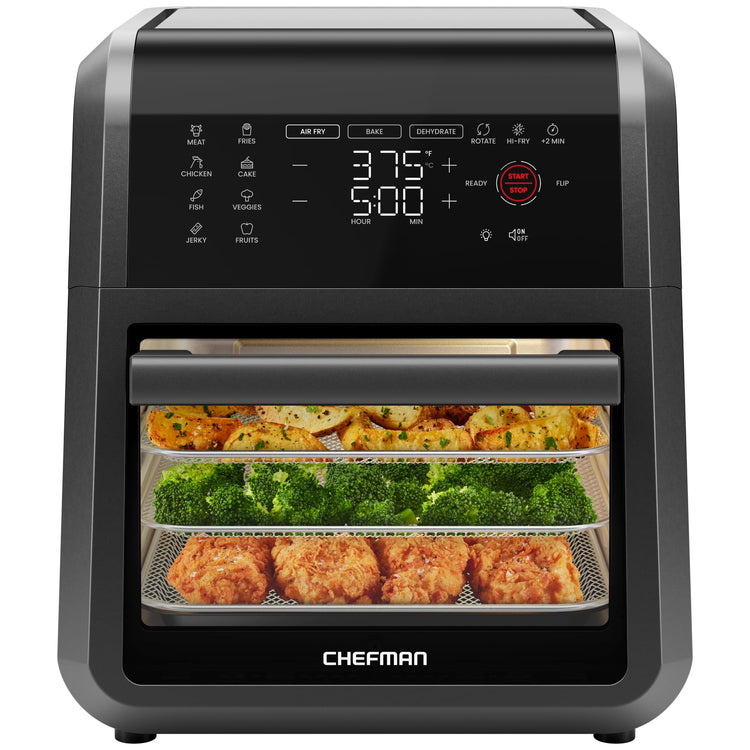 12-Quart 5-in-1 Air Fryer Oven with Digital Timer, Touchscreen, and 12 Presets - Family Size Countertop Convection Oven, Dishwasher-Safe Parts
