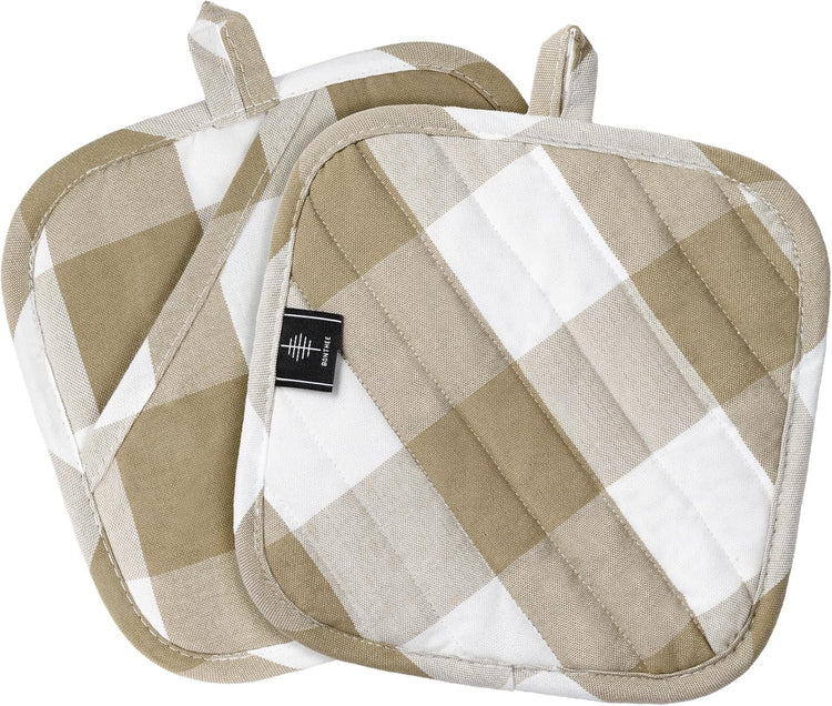Cotton Pot Holders for Kitchen Heat Resistant Potholder, Hot Pads, Trivet Coaster Non-Slip Potholders Set for Cooking and Baking (2, Light Brown Plaid, Square,8.27 in²)
