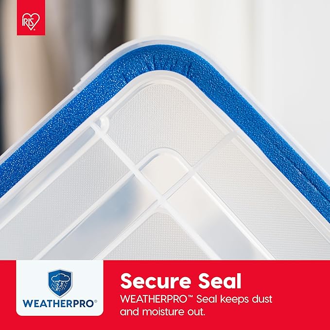 IRIS USA WeatherPro 16 Qt Storage Bins with Lids, 3 Pack, BPA-Free Plastic Gasket Box with Tight Latch and Seal, Stackable Nestable Tote Tub - Clear/Blue