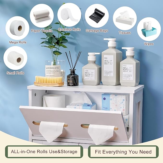 Mega Roll Toilet Paper Holder Cabinet, VECELO Stand Bathroom Storage Organizer of Rolls & Paper Towel, Waterproof, Large Capacity Reserve Area, Trapdoor Lid