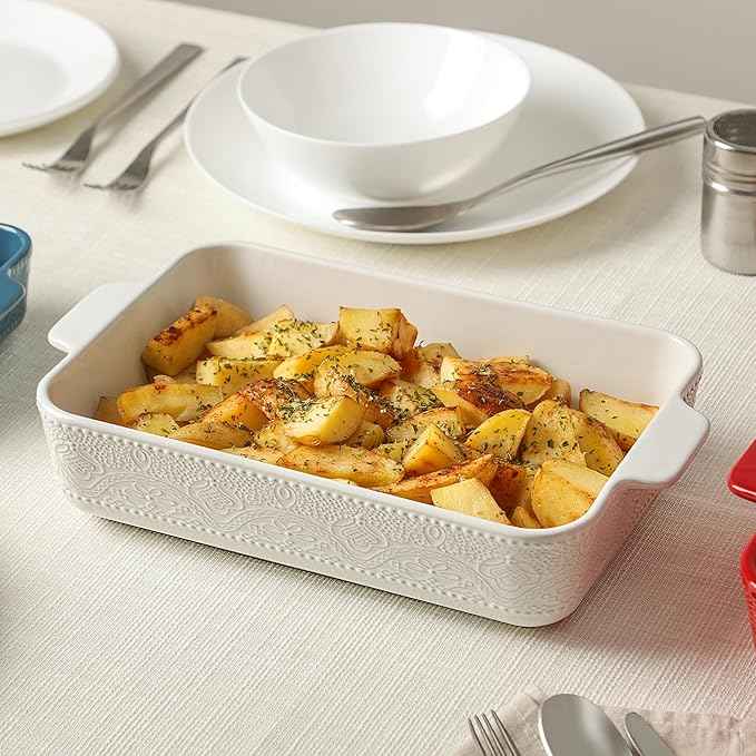 Ceramic Baking Dish Set of 3, Casserole Dishes for Oven, Ideal for Baking, Stewing, Roasting, and Holiday Feasts. The Gift for Mother's Day, Thanksgiving, Christmas, or Housewarming(Bright White)
