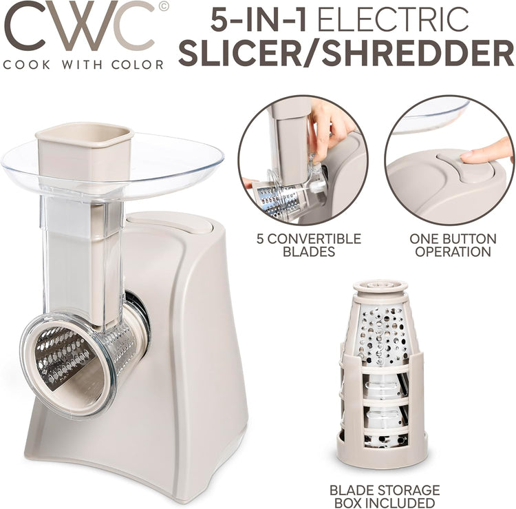 COOK WITH COLOR 5-in-1 Electric Slicer, 150W Food Prep Machine – Cheese Shredder, Fine & Coarse Graters, Potato Grater, Vegetable Slicer, Fruit, Salad Shooter, Compact Design for Bowl Prep, Sand