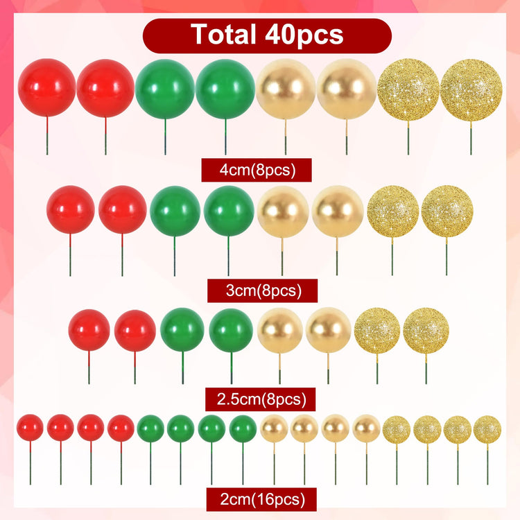 40 Pcs Ball Cake Toppers Mini Balls Cake Decorations Red Green Gold Silver Sticks Foam Balls DIY Cake Topper Insert Balls Cake Decorations for Baking Christmas Party Decorations (40 Count)