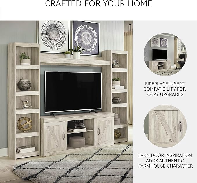 Signature Design by Ashley Bellaby Farmhouse Large TV Stand up to 60" with 3 Adjustable Shelves and Fireplace Option, White