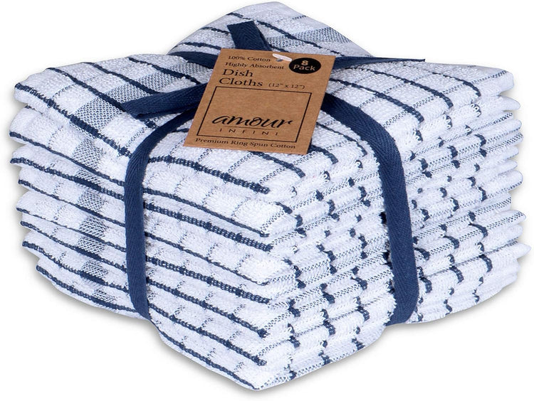 AMOUR INFINI Kitchen Dish Cloths Set of 8 - Ultra Soft, Highly Absorbent, Quick-Drying Terry Cotton Dishcloths 12"x12" Inch Wash & Cleaning Cloths for Kitchen & Dishwashing (Blue) - Nestoria
