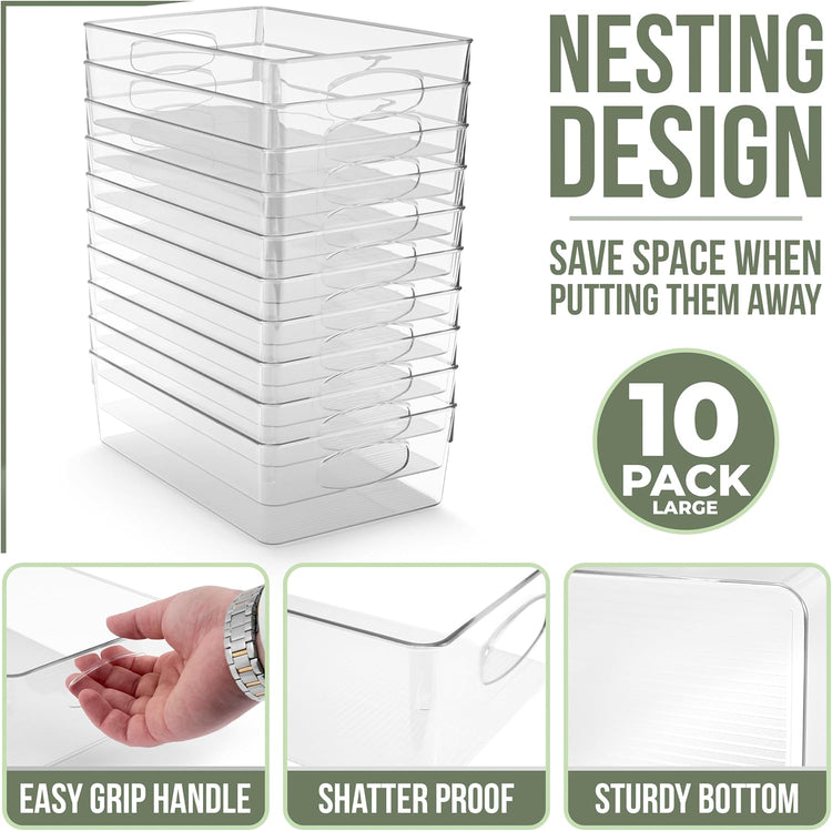 Sorbus 10-Pack Large Clear Plastic Organizing Bins – Clear Bins for Organizing, Refrigerator Organizers, Fridge Organizer, Pantry Storage, Kitchen Organizer, and Pantry Organizers and Storage Bins