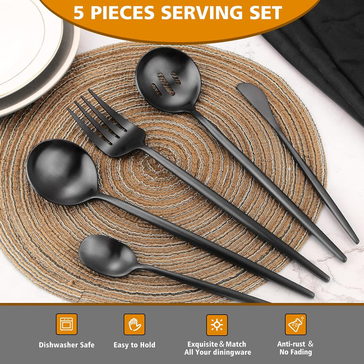 Matte Black Serving Set,Oliviola 5-Piece Stainless Steel Large Hostess Set with Round Edge, Satin Finished, Dishwasher Safe -Large Spoon, Large Fork,Butter Knife,Sugar Spoon & Slotted Spoon
