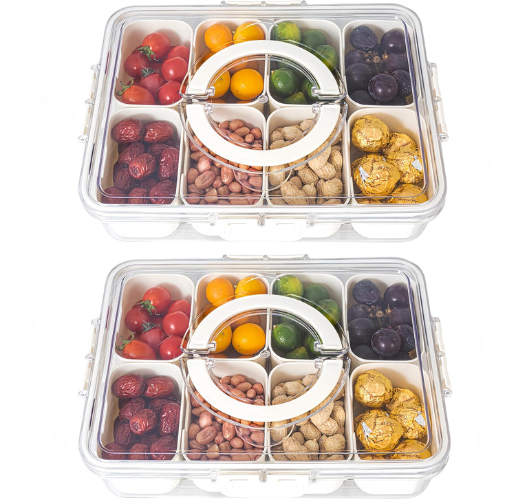 Divided Serving Tray with Lid and Handle - Divided Snack Tray for Portable Snack Platters - Clear Organizer for Candy, Fruits, Nuts, Snacks - Perfect for Party, Entertaining,2 pcs