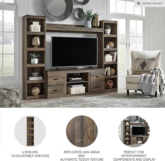 Signature Design by Ashley Trinell Rustic Entertainment Center Pier Bookcase with 3 Adjustable Shelves, Natural Brown