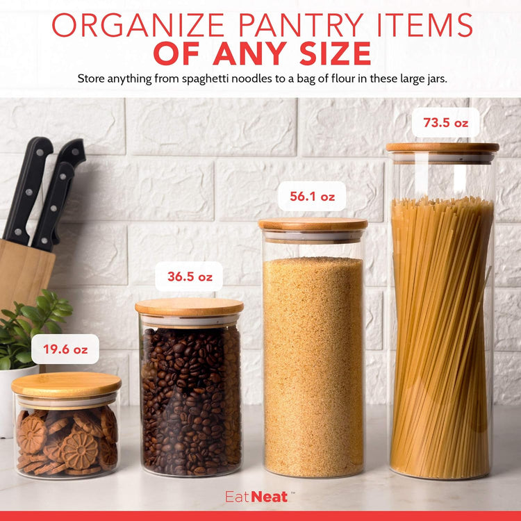 EatNeat 4‑Piece Glass Canister Set with Airtight Bamboo Lids – Giftable Kitchen Storage – Tall Jar Fits Spaghetti – 74/56/36/20 oz for Pantry, Dry Goods, Coffee, Snacks & More