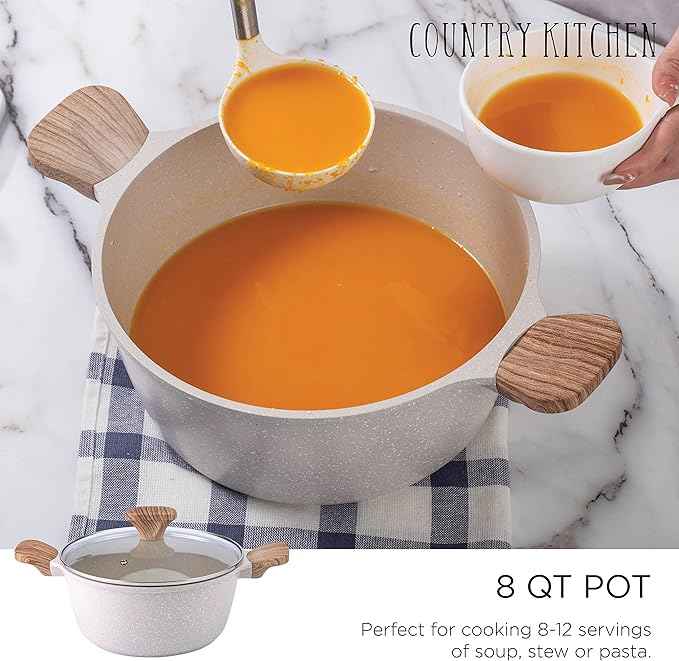 Country Kitchen Non-Stick Cast Aluminum Cookware Set - Durable Kitchen Cookware for Everyday Cooking, Speckled Cream, 6 Pc.