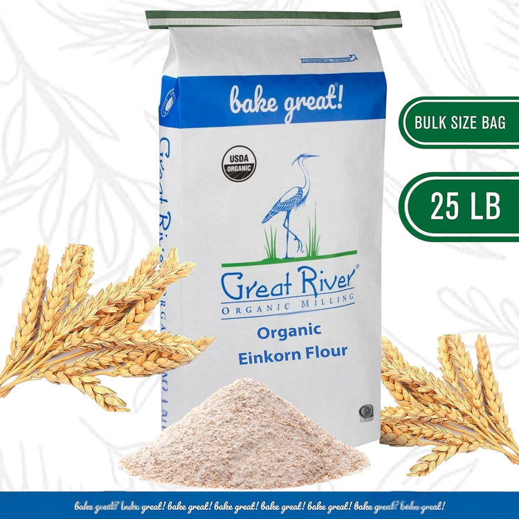Great River Organic Milling Organic Einkorn Flour | Ancient Whole Wheat Flour | Non-GMO, Kosher, High-Protein | Nutrient-Rich, Healthier All-Purpose Flour Alternative for Baking | 25 Lb (Pack of 1) - Nestoria