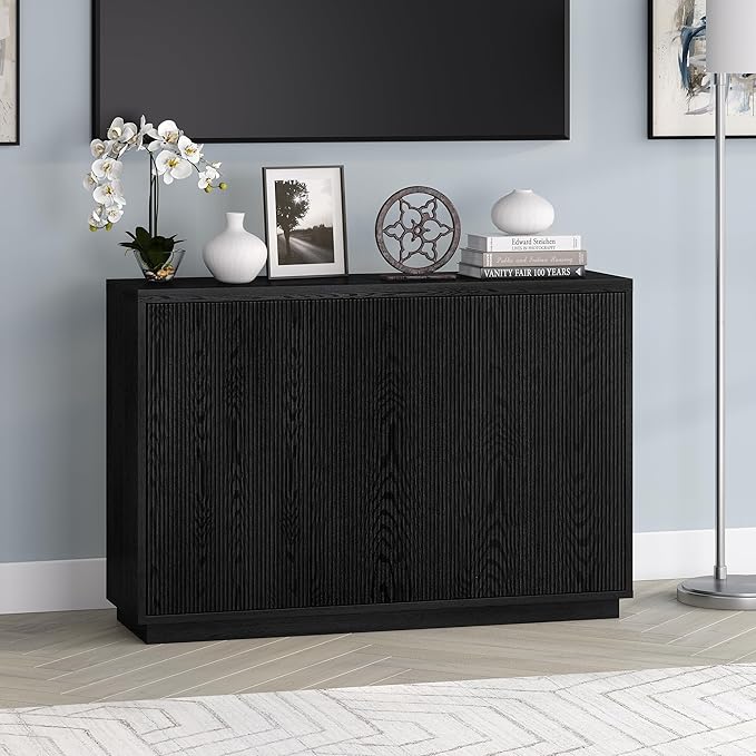 Henn&Hart 48" Fluted Sideboard Buffet Cabinet, Ribbed Wooden Credenza with 3 Doors, Adjustable Shelves, and Cable Management Cut-Outs for Dining Room, Kitchen, Living Room or Entryway, Natural Black