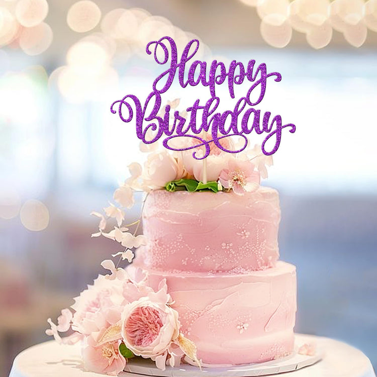 1 PCS Happy Birthday Cake Topper Glitter Happy Birthday Cake Pick for Celebrating Happy Birthday Anniversary Party Cake Decorations Supplies Purple