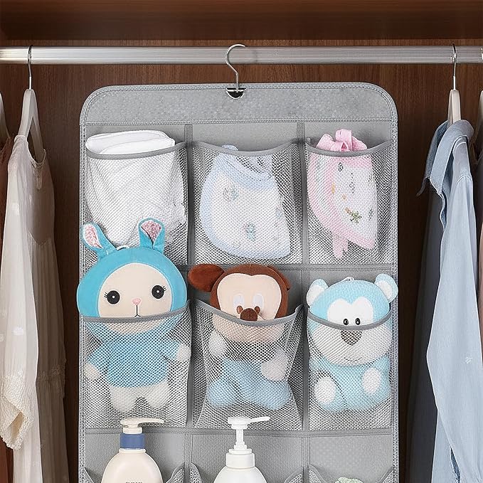 Hanging Shoe Organizer For Closet Rod with 30 Large Pockets Dual Sided 360 Rotating Hanger Space Saving Storage Bag Rack Shelves for Bedroom Laundry Room, Grey