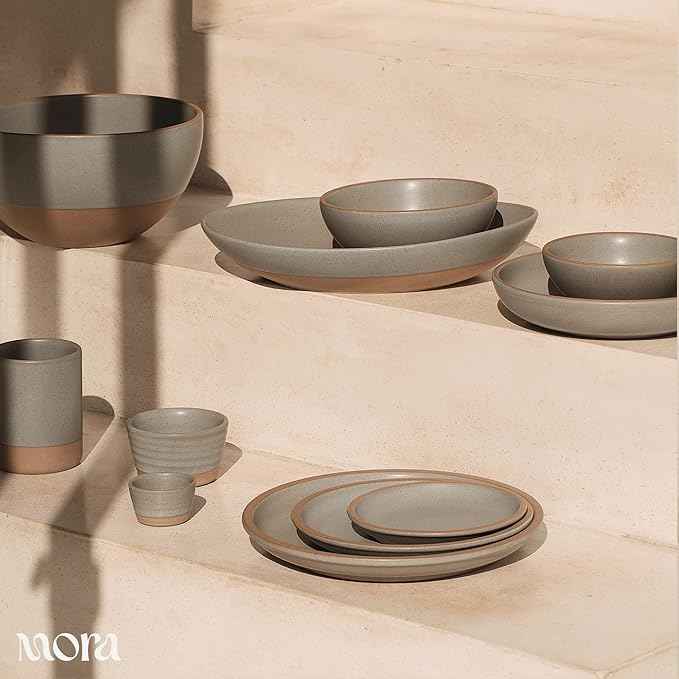 MORA Mega and Giant Serving Dishes Set of 2, 16 inch and 14 inch Ceramic Pottery Oval Platters - Microwave, Oven and Dishwasher Safe - Peppercorn & Terracotta